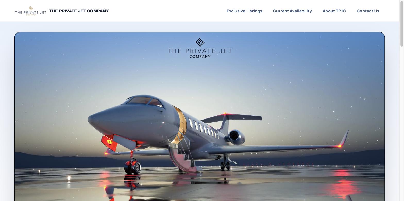 Captura de ecrã da página inicial da amostra The Private Jet Company